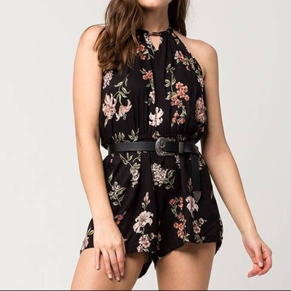 Angie Black Floral Romper Halter size Small Pink Print Sleeveless Spaghetti S - Picture 1 of 10